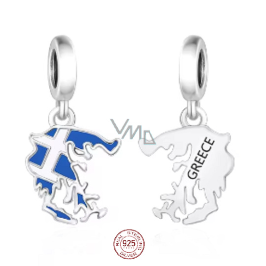 Charm Sterlingové stříbro 925 Řecko vlajka - houpající se mapa, přívěsek na náramek cestování