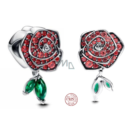 Charm Sterlingové stříbro 925 Třpytivé kvetoucí červené růže, korálek na náramek květina
