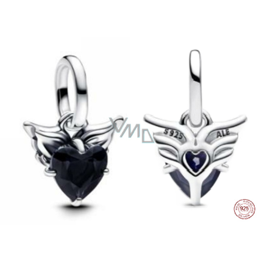 Charm Sterlingové stříbro 925 Mini medailon Okřídlené černé srdce, přívěsek na náramek láska Charm Sterlingové stříbro 925 Mini medailon Okřídlené černé srdce, přívěsek na náramek láska