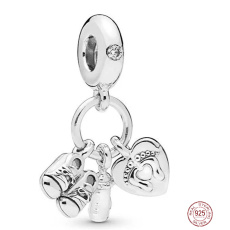 Charm Sterlingové stříbro 925 Moje děťátko 3v1 srdce - tisk nohou, dudlík a botičky, přívěsek na náramek rodina