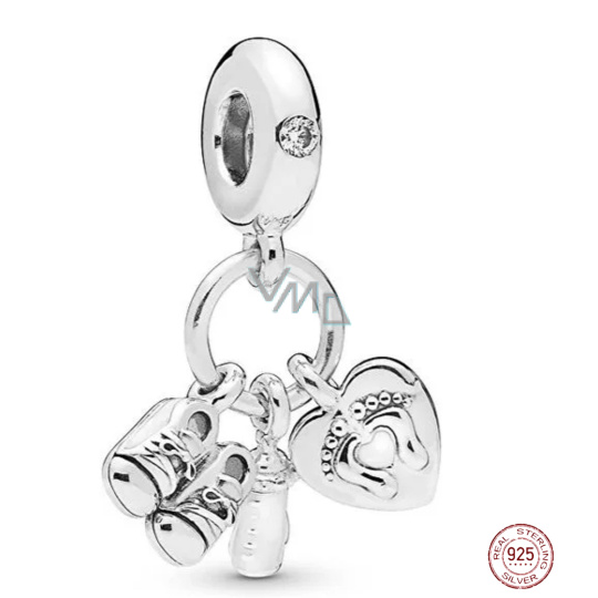 Charm Sterlingové stříbro 925 Moje děťátko 3v1 srdce - tisk nohou, dudlík a botičky, přívěsek na náramek rodina
