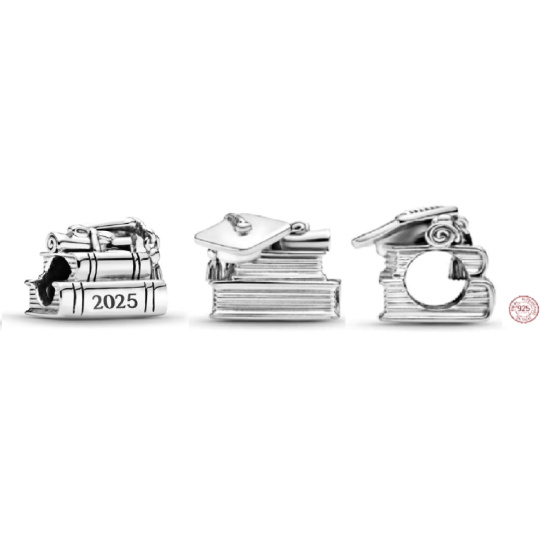 Charm Sterlingové stříbro 925 Gradace - Promoční čepice, kniha a svitek 2025, korálek na náramek gradace