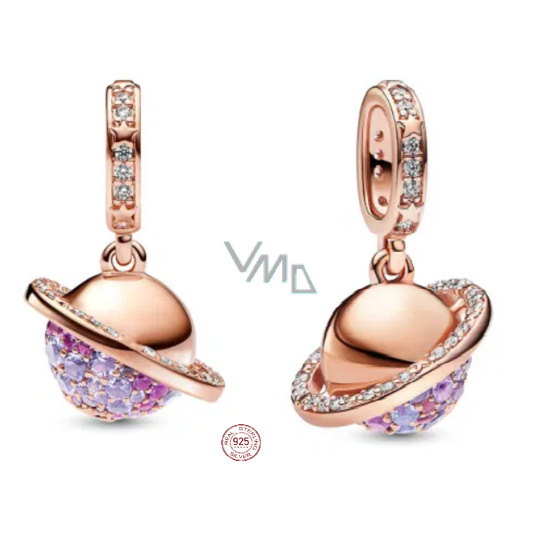 Charm Sterlingové stříbro 925 Mini medailon Planeta Saturn růžová, přívěsek na náramek vesmír