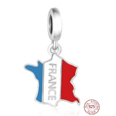 Charm Sterlingové stříbro 925 Francie vlajka - houpající se mapa, přívěsek na náramek cestování