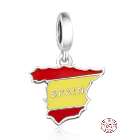 Charm Sterlingové stříbro 925 Španělsko vlajka - houpající se mapa, přívěsek na náramek cestování