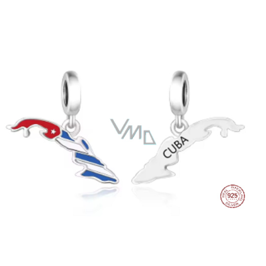 Charm Sterlingové stříbro 925 Cuba vlajka - houpající se mapa, přívěsek na náramek cestování