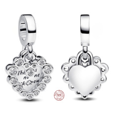 Charm Sterlingové stříbro 925 Dvojitý visací přívěsek s třpytivým srdcem, přívěsek na náramek láska