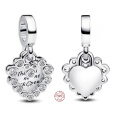 Charm Sterlingové stříbro 925 Dvojitý visací přívěsek s třpytivým srdcem, přívěsek na náramek láska