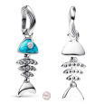 Charm Sterlingové stříbro 925 Mini medailon Tyrkysově zbarvený motiv rybí kosti, přívěsek na náramek zvíře