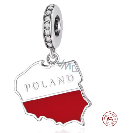 Charm Sterlingové stříbro 925 Polsko vlajka - houpající se mapa, přívěsek na náramek cestování
