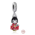 Charm Sterlingové stříbro 925 Japonská panenka Kokeshi v červeném kimonu, Gejša, přívěsek na náramek cestování