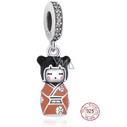 Charm Sterlingové stříbro 925 Japonská panenka Kokeshi v hnědo-oranžovém kimonu - japonská elegance, přívěsek na náramek cestování Charm Sterlingové stříbro 925 Japonská panenka Kokeshi v hnědo-oranžovém kimonu - japonská elegance, přívěsek na náramek cestování