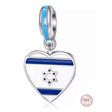 Charm Sterlingové stříbro 925 Izraelská vlajka, srdce s Davidovou hvězdou, přívěsek na náramek cestování