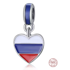 Charm Sterlingové stříbro 925 Rusko vlajka – trikolóra ve tvaru srdce, přívěsek na náramek cestování