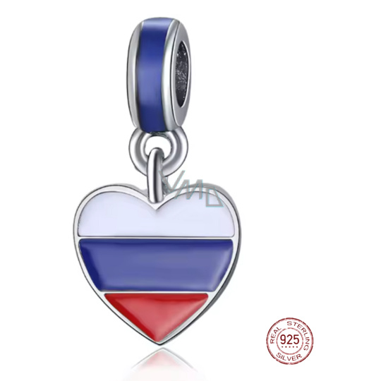 Charm Sterlingové stříbro 925 Rusko vlajka – trikolóra ve tvaru srdce, přívěsek na náramek cestování Charm Sterlingové stříbro 925 Rusko vlajka – trikolóra ve tvaru srdce, přívěsek na náramek cestování