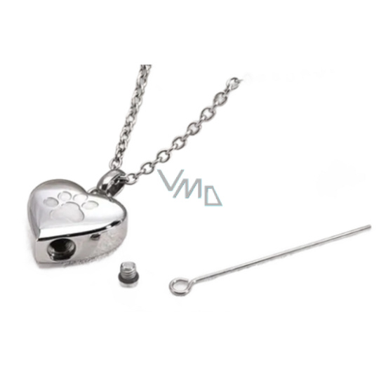 Pamětní, pietní urnový přívěsek, Srdce lesklé stříbrné, voděodolné, nerezová ocel 19 x 29 mm + řetízek 50 cm