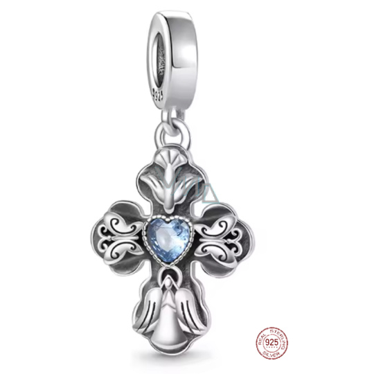 Charm Sterlingové stříbro 925 Kříž s modrým srdcem se symbolikou lásky a míru, přívěsek na náramek náboženství Charm Sterlingové stříbro 925 Kříž s modrým srdcem se symbolikou lásky a míru, přívěsek na náramek náboženství