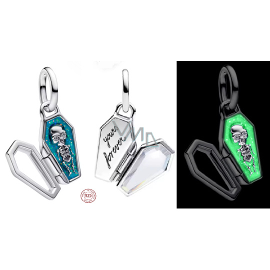 Charm Sterlingové stříbro 925 Halloween – tajemná rakev s kostrou, svítí ve tmě, přívěsek na náramek Halloween Charm Sterlingové stříbro 925 Halloween – tajemná rakev s kostrou, svítí ve tmě, přívěsek na náramek Halloween