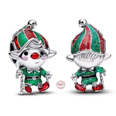 Charm Sterlingové stříbro 925 Vánoční skřítek Elf - vánoční Santa Clausův pomocník, korálek na náramek vánoce