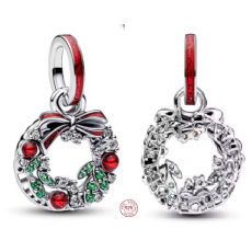 Charm Sterlingové stříbro 925 Vánoční věnec, symbol radosti a lásky, přívěsek na náramek vánoce