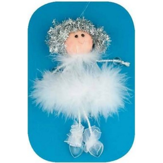 Anděl s bílým peřím a křišťálovými botičkami na zavěšení 16 cm