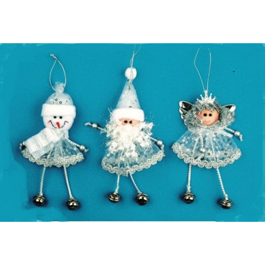 Anděl sněhulák a santa stříbrní s rolničkami na zavěšení 14 cm