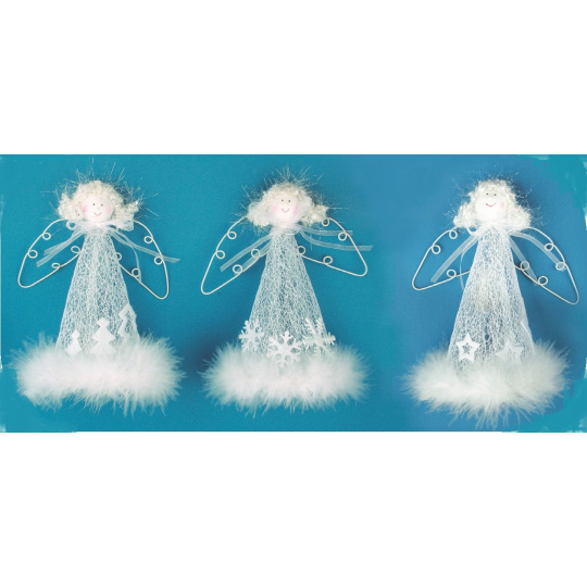 Anděl bílý s peříčkem na postavení s drátěnými křídly na zavěšení 20 cm 1 kus