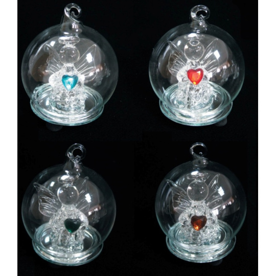 Koule skleněná s andělem svítící LED 6 cm 1 kus