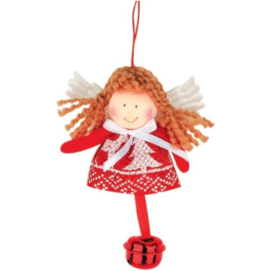 Anděl červenobílý s rolničkou na zavěšení 10 cm Anděl červenobílý s rolničkou na zavěšení 10 cm