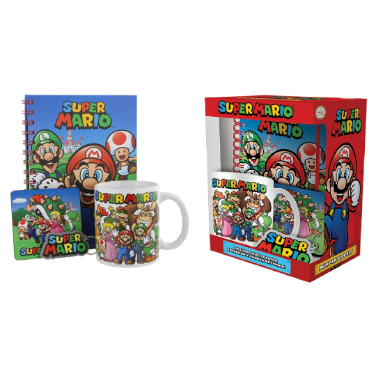 Epee Merch Super Mario keramický hrnek 315 ml + kroužkový blok + klíčenka + podtácek, dárková sada