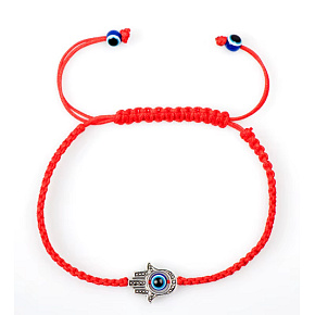 Červený náramek inspirovaný Kabbalah s rukou Fatimy (Hamsa) a 7 uzly – ochranný talisman proti zlému oku