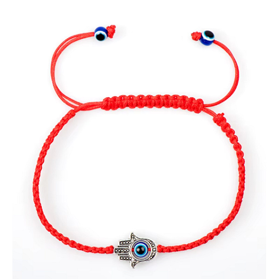 Červený náramek inspirovaný Kabbalah s rukou Fatimy (Hamsa) a 7 uzly – ochranný talisman proti zlému oku