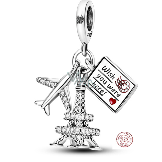 Charm Sterlingové stříbro 925 Letecky do Paříže - kéž bys byl tady, 3v1 přívěsek na náramek cestování 9 mm Charm Sterlingové stříbro 925 Letecky do Paříže - kéž bys byl tady, 3v1 přívěsek na náramek cestování 9 mm