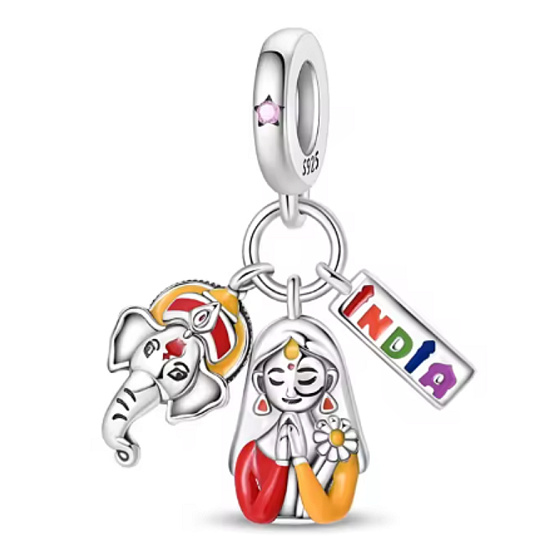 Charm Indie Ganéša a Namasté – 3v1 symbol štěstí, ochrany a vzpomínka na zemi barev | Přívěsek na náramek cestování