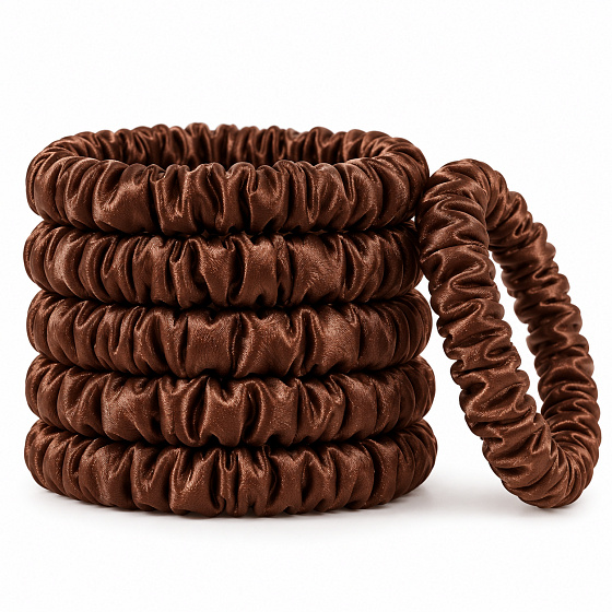 Hedvábná gumička do vlasů 100% přírodní hedvábí – šetrná scrunchie, čokoládově hnědá 5 kusů