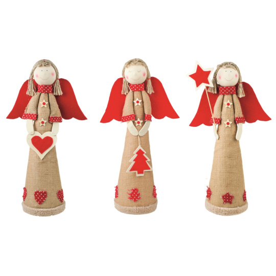 Anděl jutový s červenými křídly 47 cm 1 kus