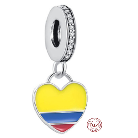 Charm Sterlingové stříbro 925 Kolumbijská vlajka srdce - miluji Kolumbii, přívěsek na náramek cestování