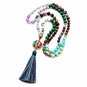 108 Mala 7 čakrový náhrdelník, NOC meditační šperk, přírodní kámen, elastický, střapec 8 cm, korálek 6+8 mm