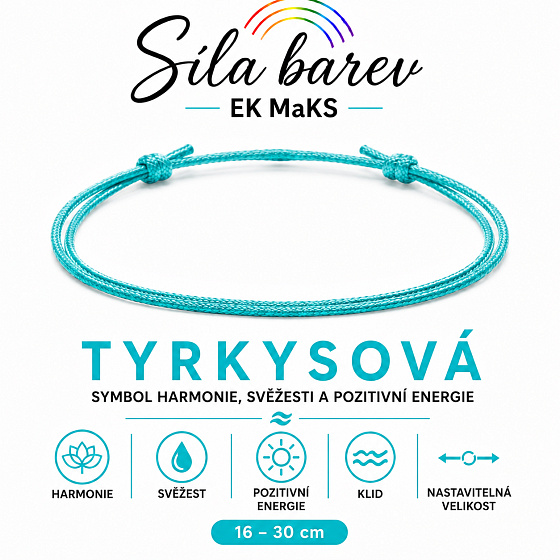 Síla barev Šňůrkový náramek – Tyrkysová | Symbol harmonie, svěžesti a pozitivní energie | nastavitelný 16 - 30 cm