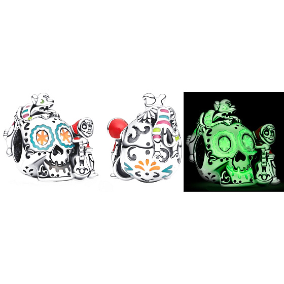 Charm Disney Pixar Coco Miguel & Dante lebka zářící ve tmě, luminozní korálek na náramek, Halloween