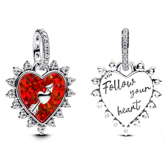  Opálově červený přívěsek srdce s šipkou, stříbrný 925 přívěsek na náramek