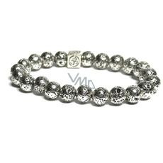 Láva stříbrná barva tmavá pokovovaná s královskou mantrou Óm, náramek elastický přírodní kámen, kulička 8 mm / 16 - 17 cm, zrozen ze čtyř živlů