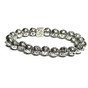 Láva stříbrná barva tmavá pokovovaná s královskou mantrou Óm, náramek elastický přírodní kámen, kulička 8 mm / 16 - 17 cm, zrozen ze čtyř živlů Láva stříbrná barva tmavá pokovovaná s královskou mantrou Óm, náramek elastický přírodní kámen, kulička 8 mm / 16 - 17 cm, zrozen ze čtyř živlů