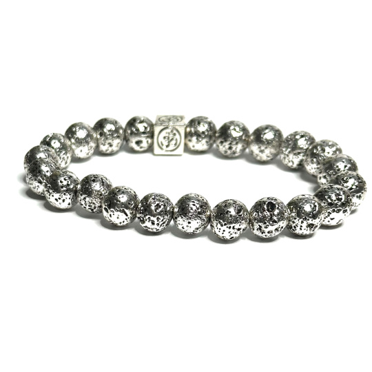 Láva stříbrná barva tmavá pokovovaná s královskou mantrou Óm, náramek elastický přírodní kámen, kulička 8 mm / 16 - 17 cm, zrozen ze čtyř živlů Láva stříbrná barva tmavá pokovovaná s královskou mantrou Óm, náramek elastický přírodní kámen, kulička 8 mm / 16 - 17 cm, zrozen ze čtyř živlů