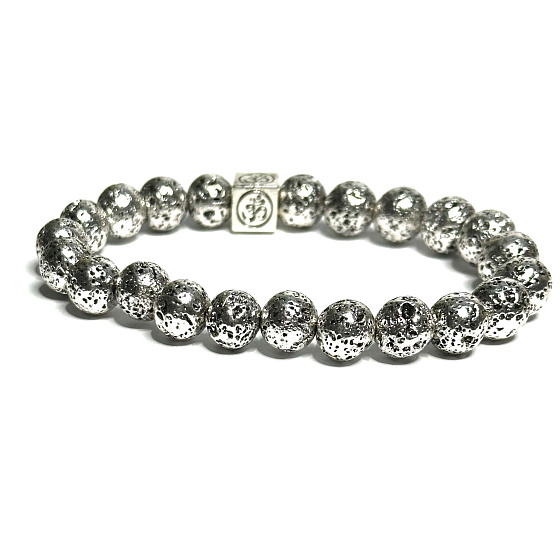 Láva stříbrná barva tmavá pokovovaná s královskou mantrou Óm, náramek elastický přírodní kámen, kulička 8 mm / 16 - 17 cm, zrozen ze čtyř živlů