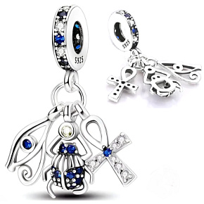 Charm Egypt - starověké symboly, Anch, Hornovo oko, skarabeus, ochranný amulet, 3v1, přívěsek na náramek cestování
