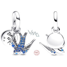 Charm Sterlingové stříbro 925 Třpytivá vlaštovka a citát, 2v1 přívěsek na náramek zvíře