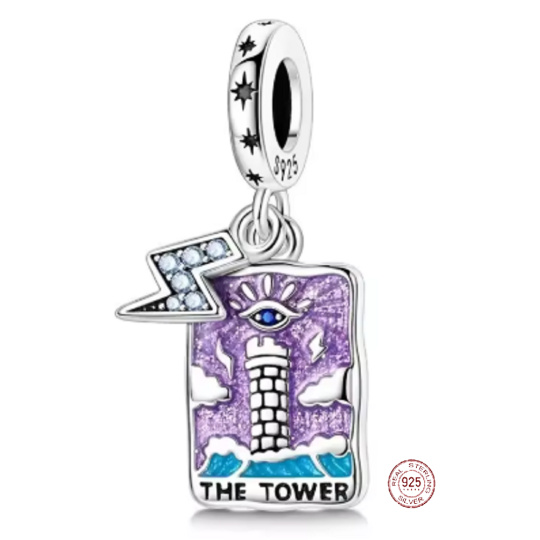 Charm Sterlingové stříbro 925 Tarot karta – Věž The Tower, přívěsek na náramek symbol