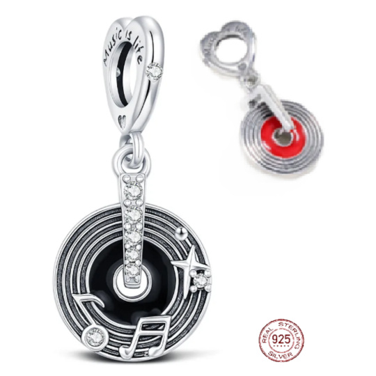 Charm Sterlingové stříbro 925 Gramofonová deska – Music is Life, přívěsek na náramek hudba