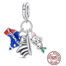 Charm Sterlingové stříbro 925 Austrálie, Sydney koala, vlajka - svoboda na konci světa, 3v1 přívěsek na náramek cestování